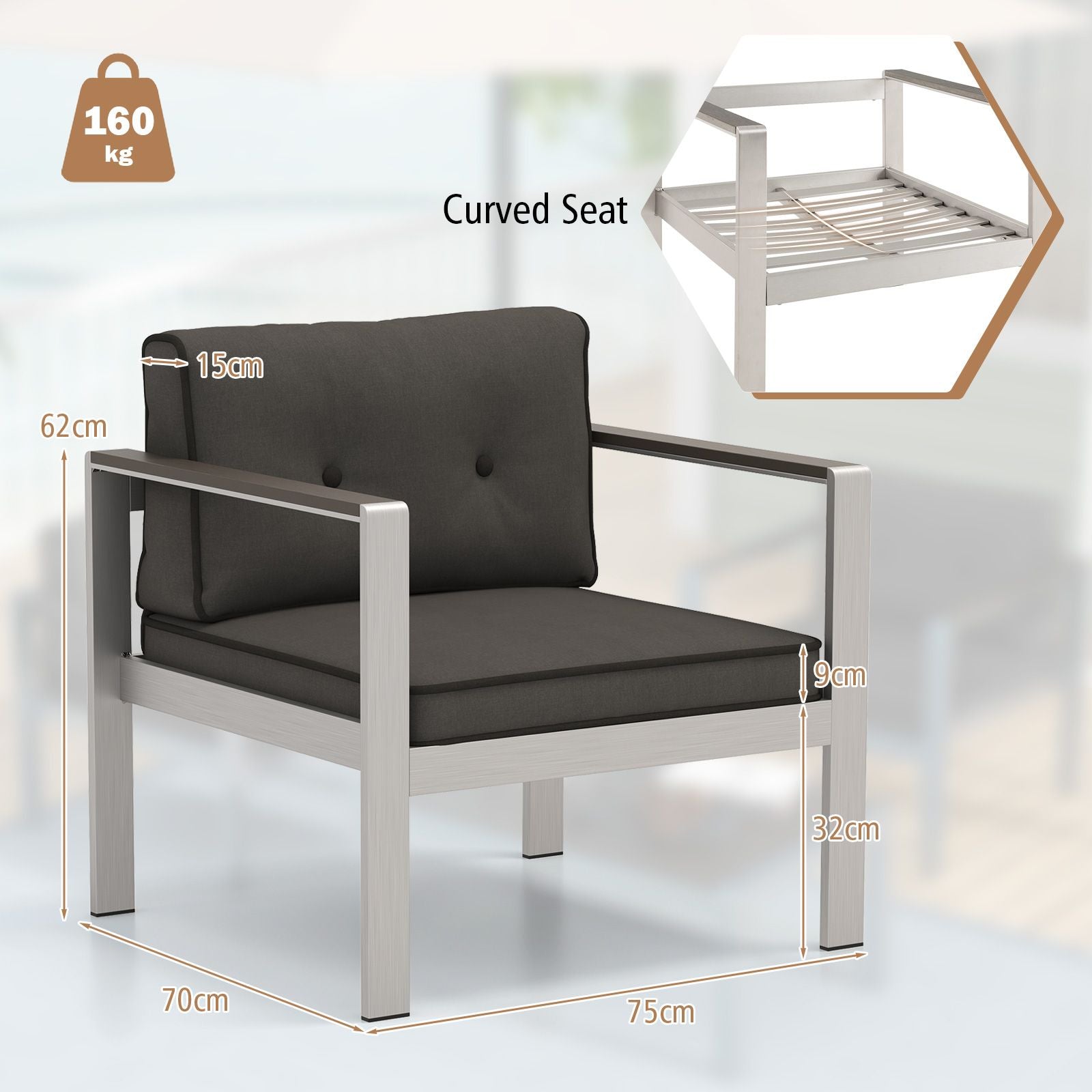 Aluminum Outdoor Patio Armchair with Cushions