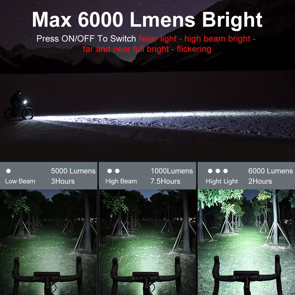 Ultra Bright 6000 Lumen Waterproof Bicycle Front Light - 10000mAh USB Rechargeable MTB & Road Cycling Accessory