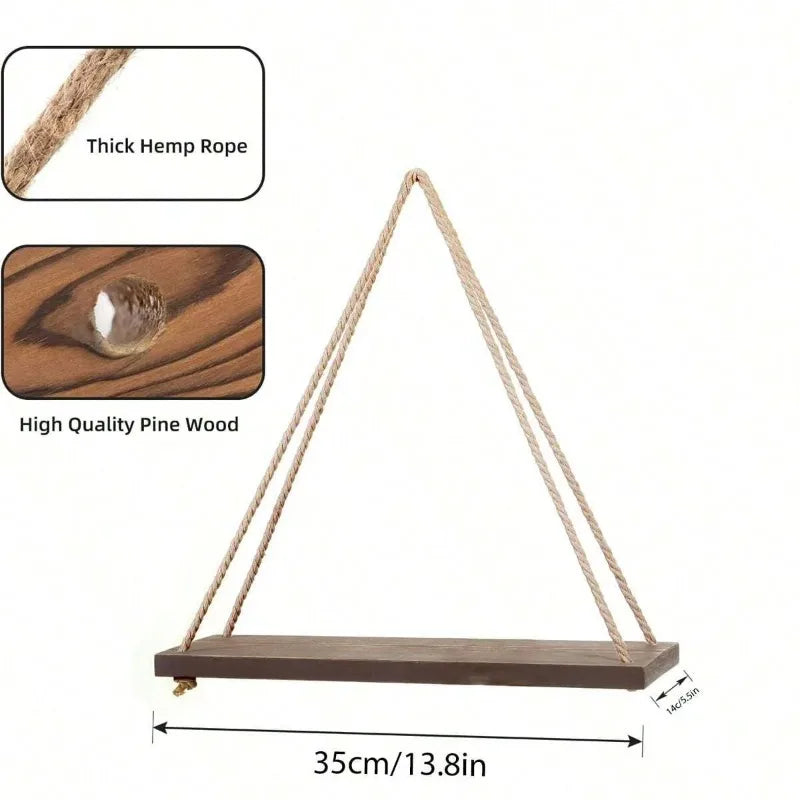 Stylish Wooden Swing Wall Shelf with Hemp Rope - Perfect for Plants, Flowers, and Home Decor