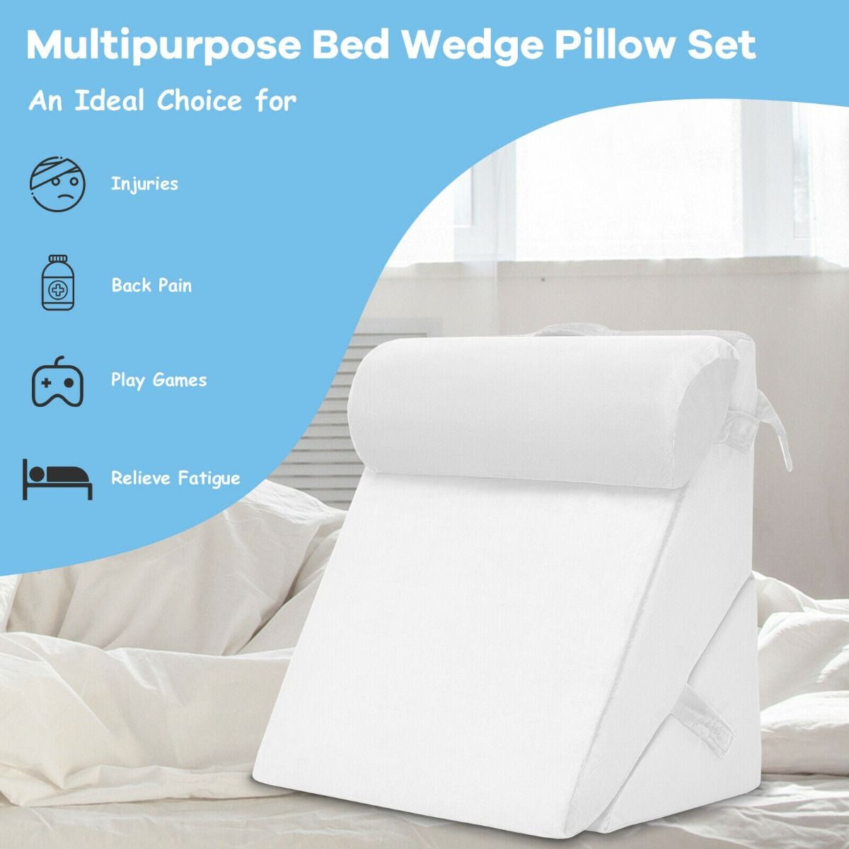 Elevated Bed Wedge Pillow with Headrest and Removable Washable Cover for Reading Comfort