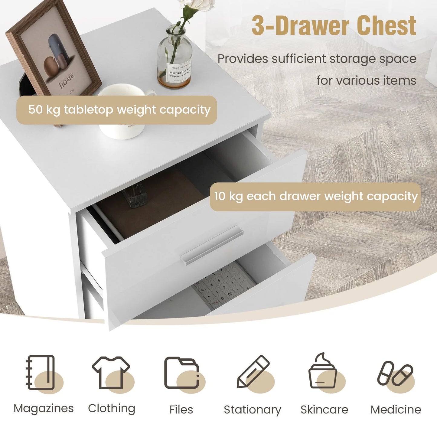 3-Drawer Wooden Dresser with Anti-Tip Safety Feature
