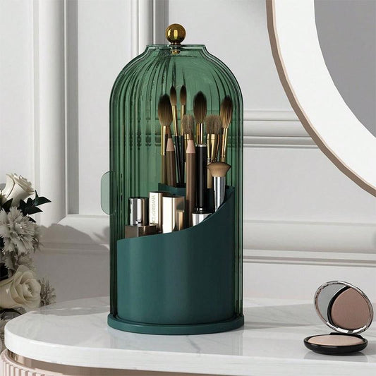 360° Rotating Makeup Brush Holder with Transparent Lid - Stylish Organizer for Vanity, Bathroom, and Desktop