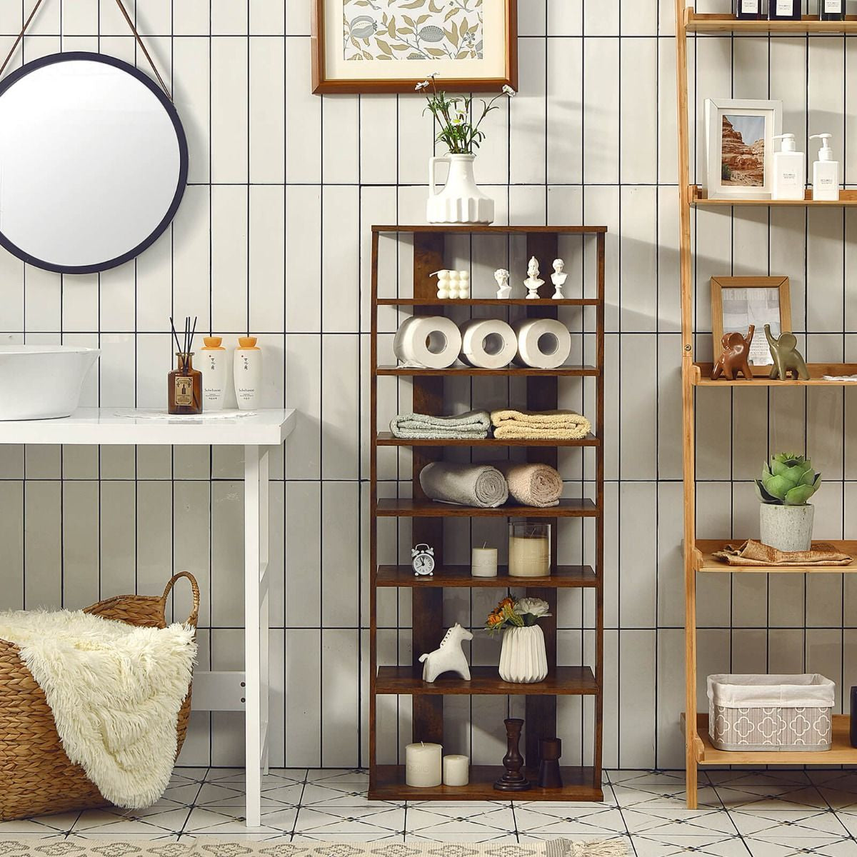 Extra Wide Vertical Wooden Shoe Rack with 7 Shelves