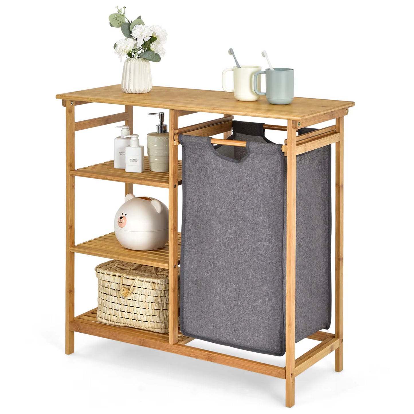 Bamboo Laundry Hamper Stand 3-Tier Laundry Organizer with Removable Sliding Bag