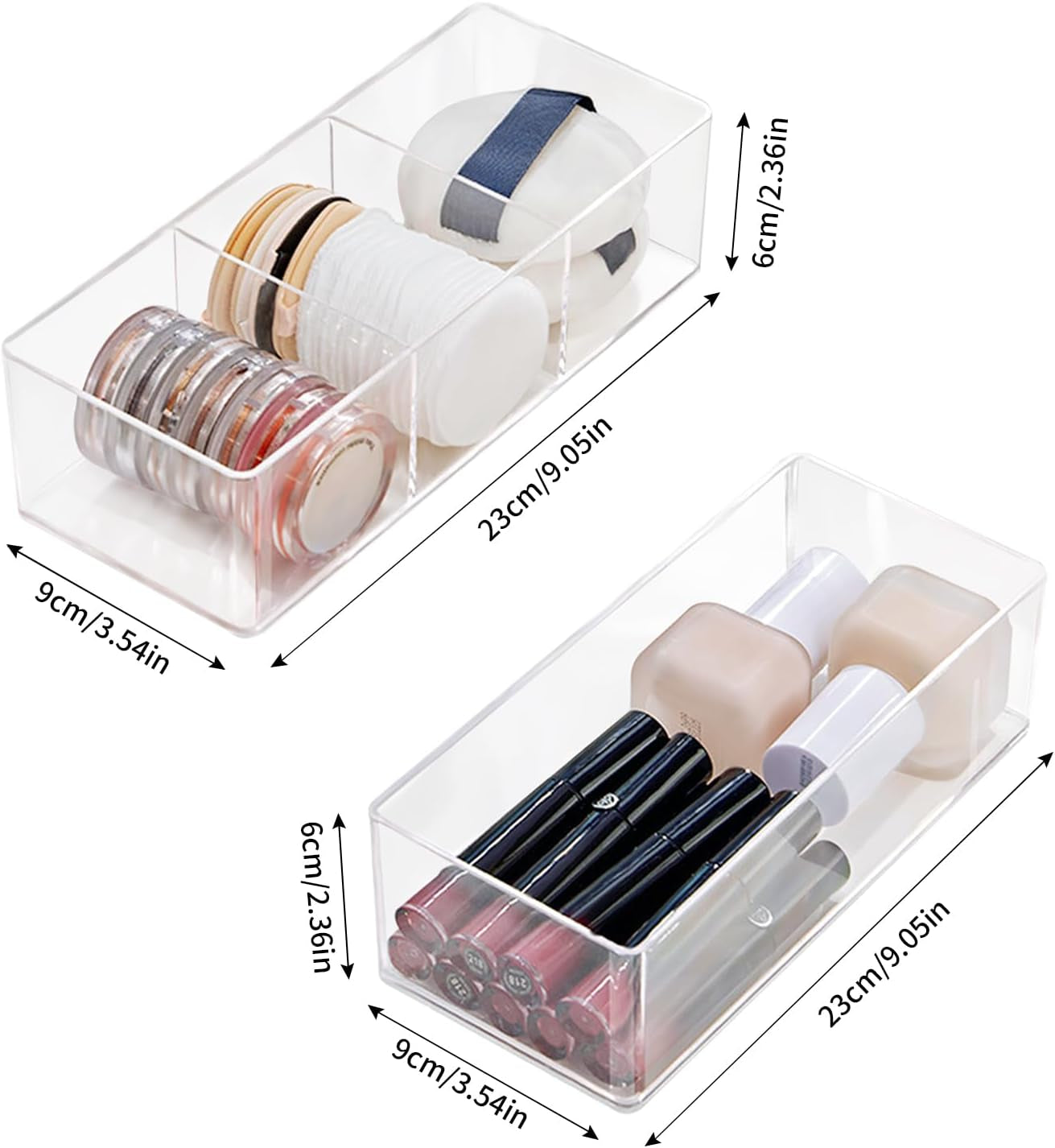 Set of 2 Acrylic Makeup Drawer Organizers with 3-Compartment and 1-Compartment Design, Stackable Clear Cosmetic Storage for Eyeshadow, Lipstick, and Other Makeup Essentials