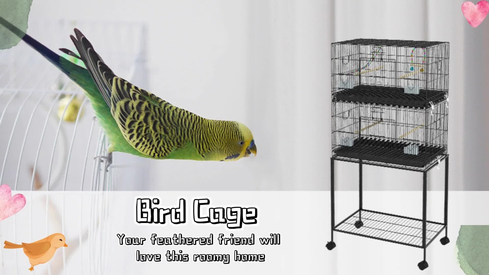 Two-Tier Bird Cage with Stand, for Canaries, Lovebirds, Finches