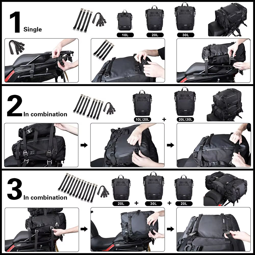 Motorcycle Rear Seat Bag 10L or 20L or 30L Waterproof Saddle Side Bag Luggage Pack Multifunction Shoulder Bag Backpack