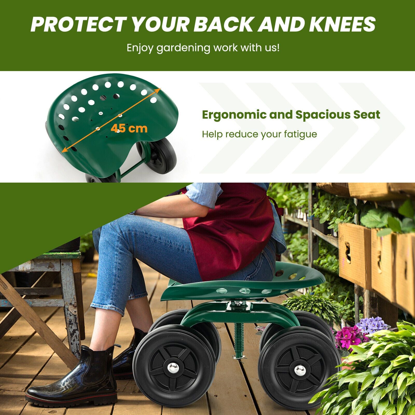 Garden Workseat with 360° Swivel Seat and Adjustable Height