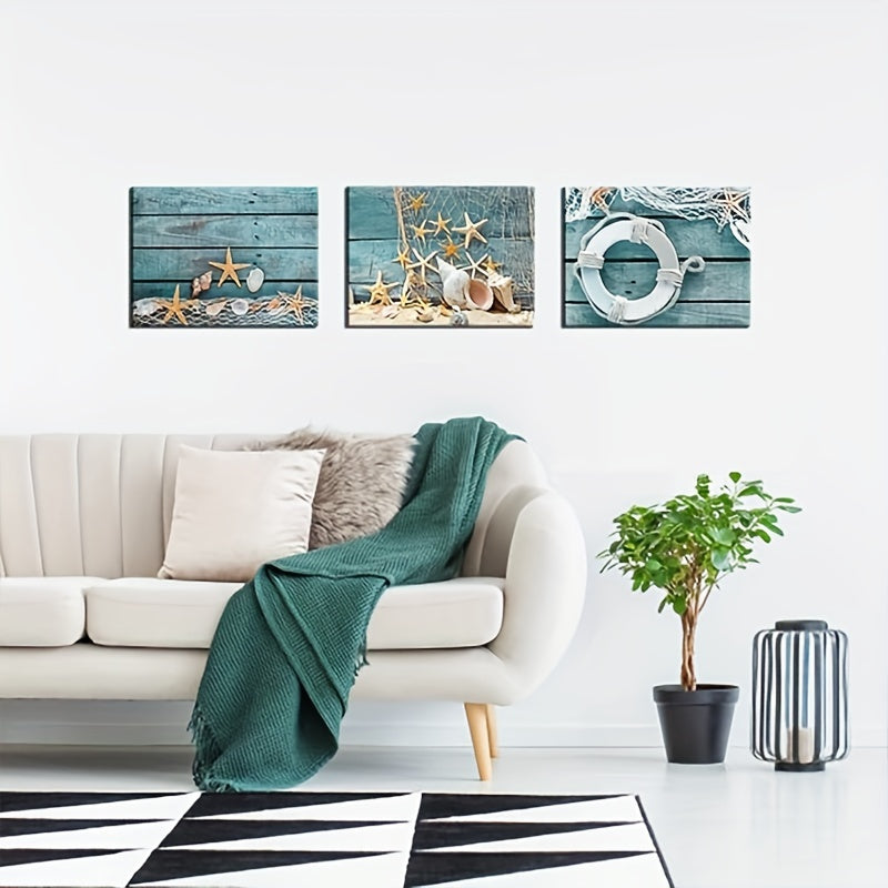 3pcs Starfish shell turquoise board canvas printing, beach nature picture canvas artwork