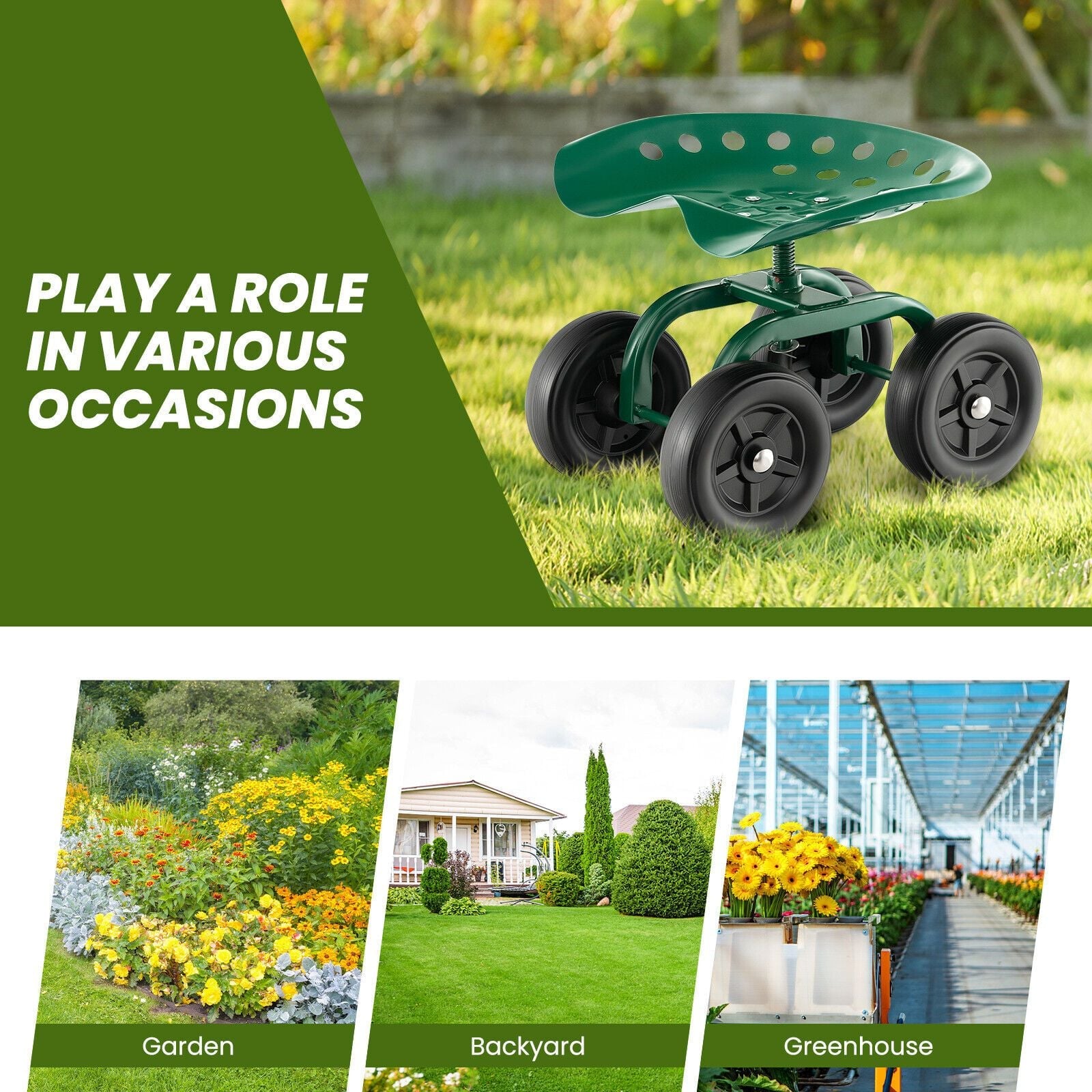 Garden Workseat with 360° Swivel Seat and Adjustable Height