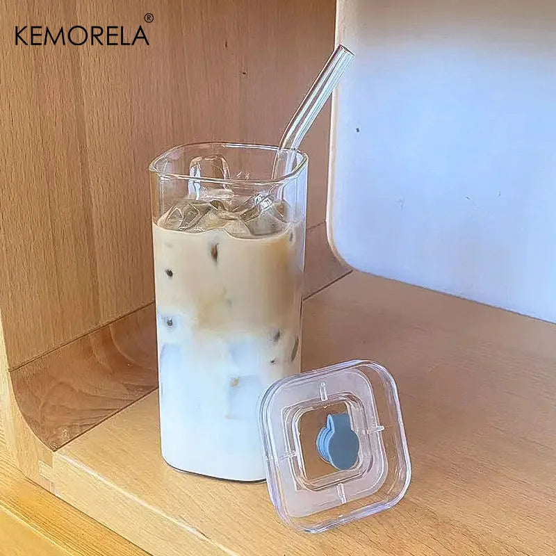  Square Heat Resistant Coffee Glass Cup with Lid and Straw Transparent Milk Tea Juice Cup Coffee Mug for Home Bar Drinkware