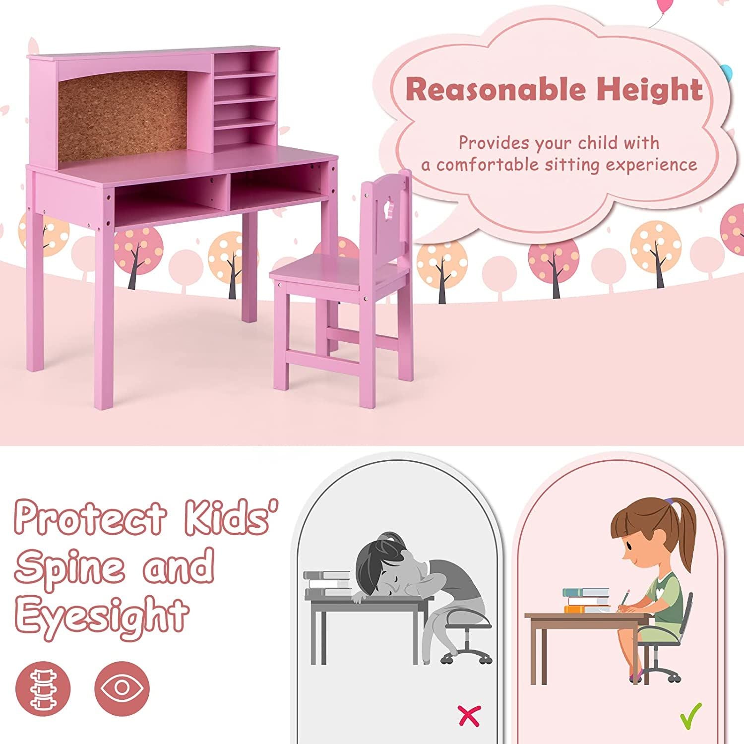 Kids Wooden Desk and Chair Set with Hutch for Study and Reading