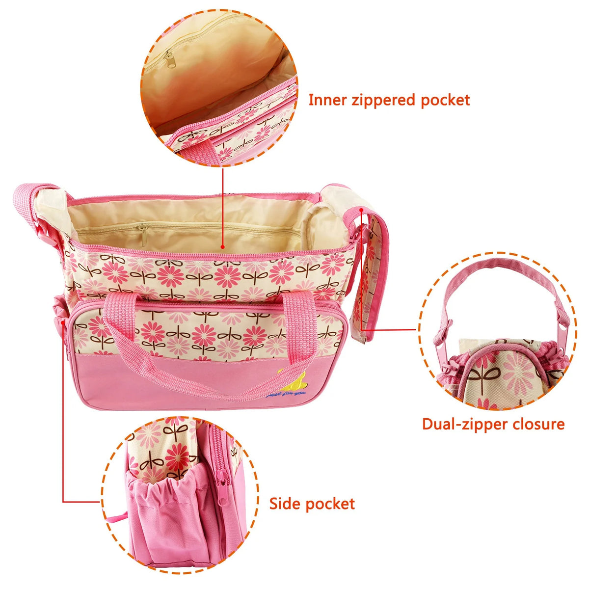 5PCS Baby Diaper Bag Set - Stylish Travel Tote with Changing Pad & Insulated Pockets for Moms & Dads