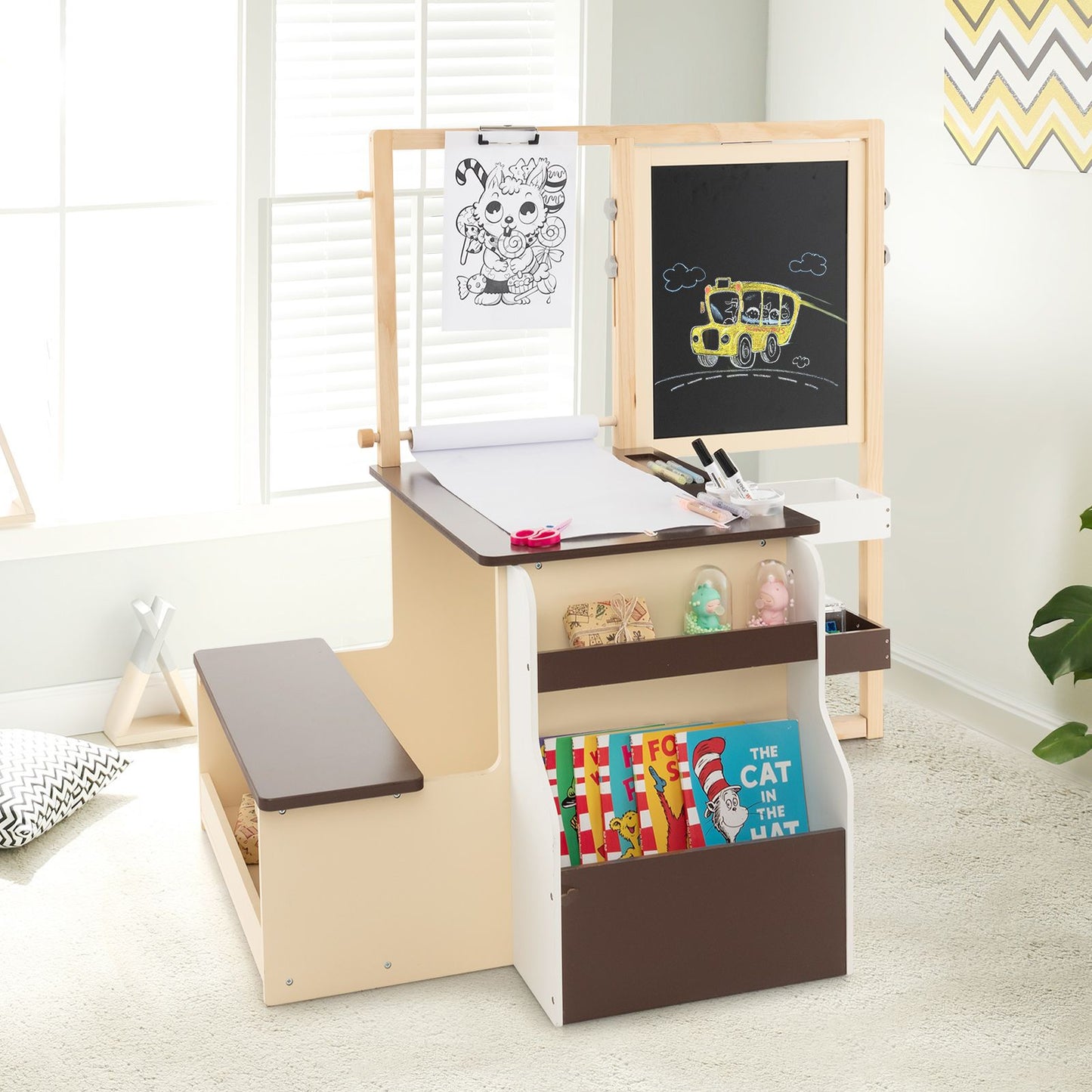 Delightful Children's Art Easel Table and Bench Set with Adjustable Easel and Integrated Bookshelf for Creative Play