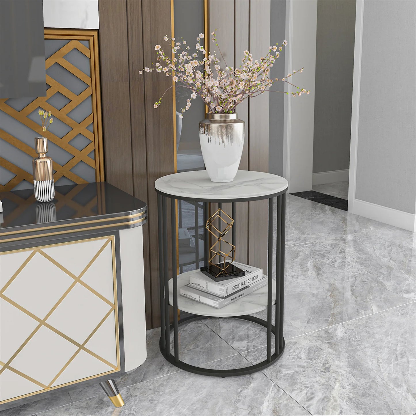 Tall Frame End Table with Sintered Stone Tabletop 