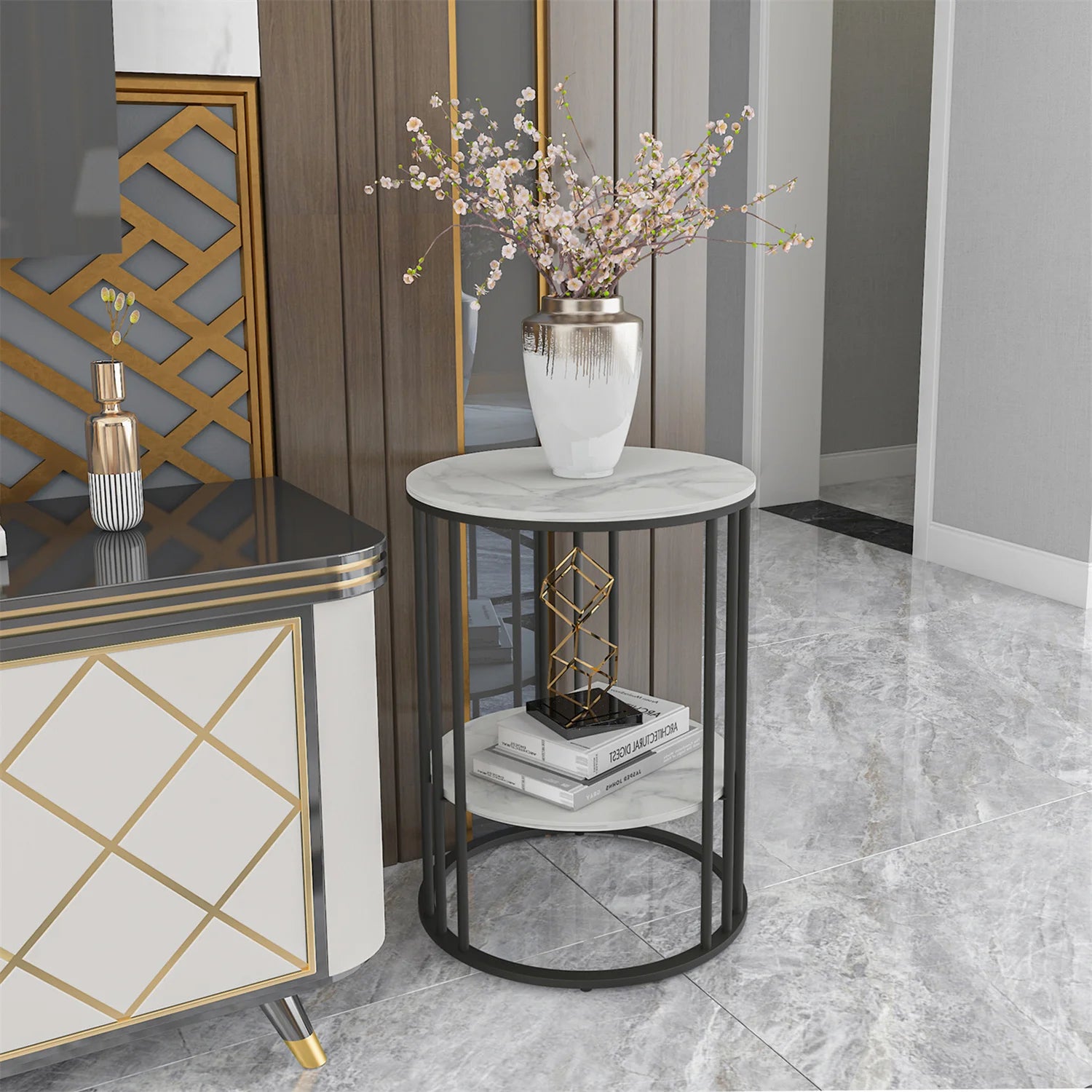Tall Frame End Table with Sintered Stone Tabletop 