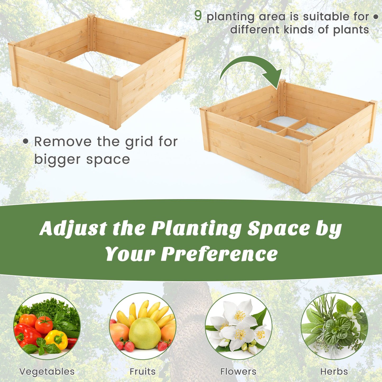 Elevated Garden Bed with Animal Protection Fence and Planting Grid