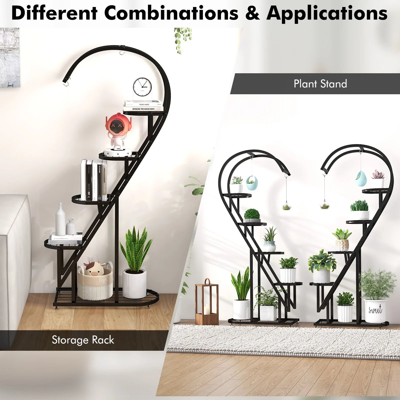 5-Tier Metal Heart-Shaped Plant Stand with Integrated Hanging Hooks