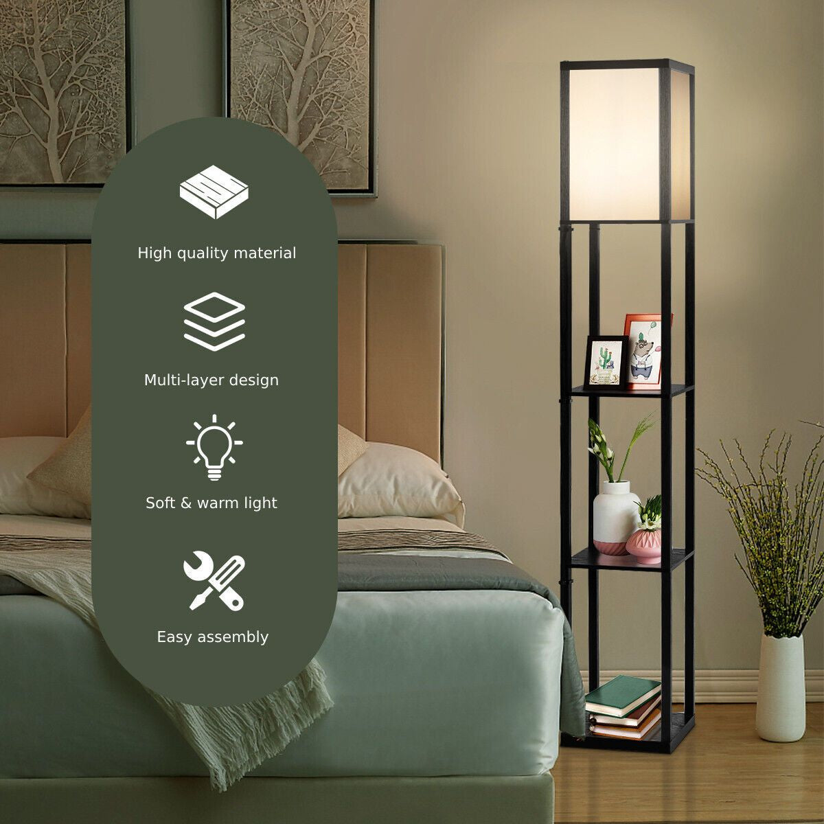 Freestanding Floor Lamp with Three-Tier Storage Shelf