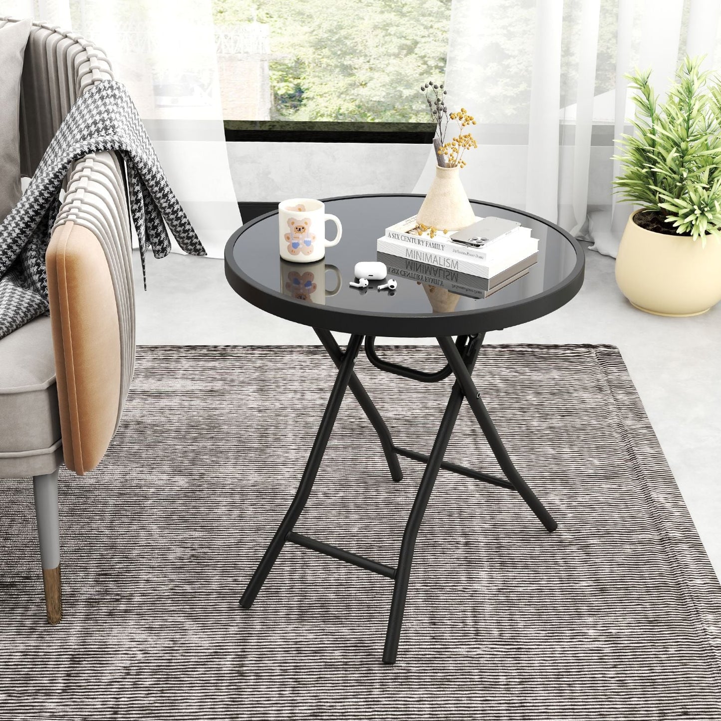 Round Folding Patio Coffee Table with Tempered Glass Top