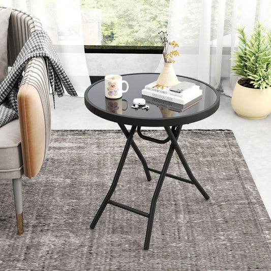 Round Folding Patio Coffee Table with Tempered Glass Top