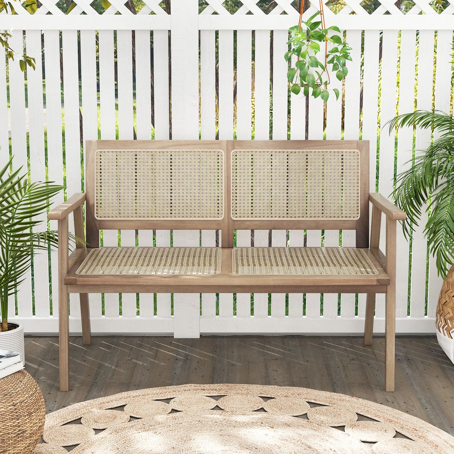 Teak Wood Outdoor Garden Bench with Armrests and Rattan Backrest and Seat
