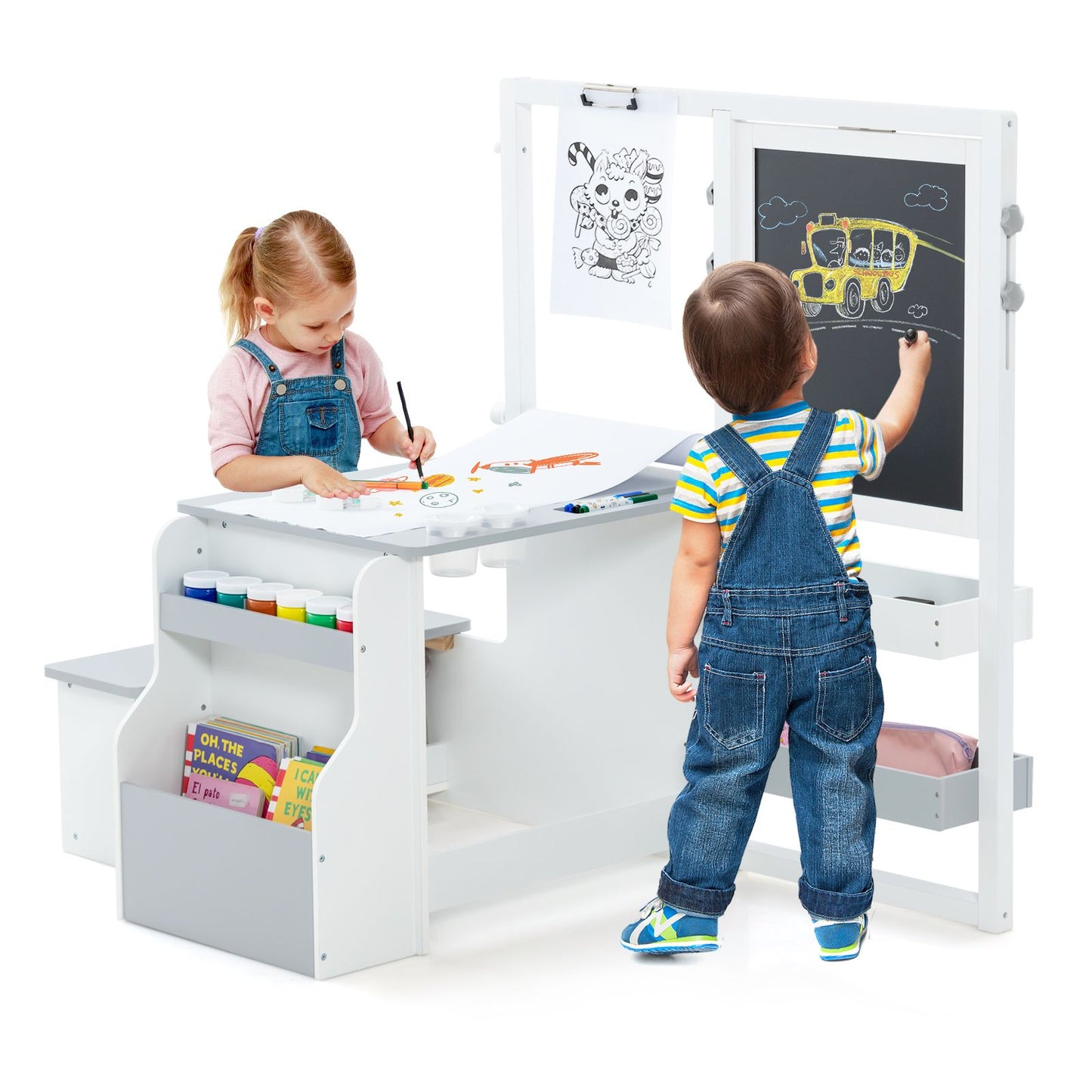 Delightful Children's Art Easel Table and Bench Set with Adjustable Easel and Integrated Bookshelf for Creative Play