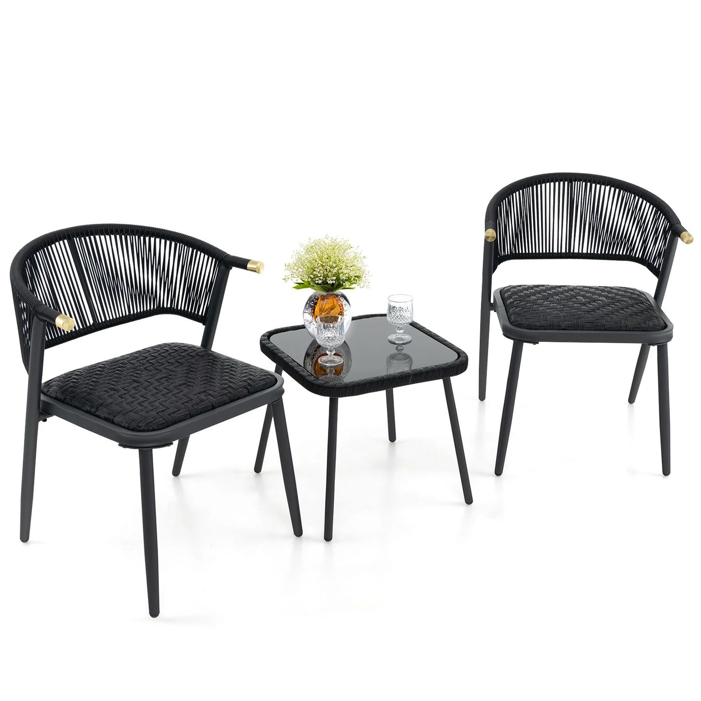 Three-Piece Outdoor Wicker Furniture Set Featuring Tempered Glass Coffee Table