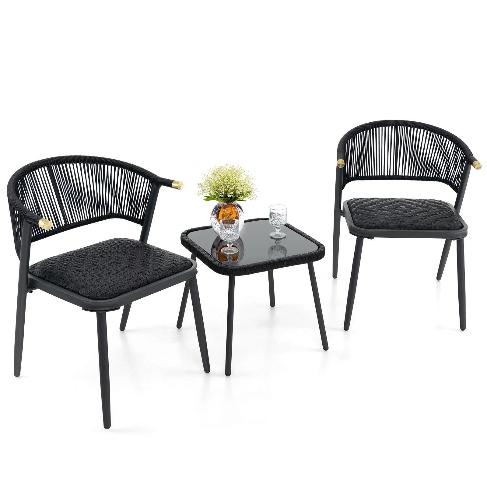 Three-Piece Outdoor Wicker Furniture Set Featuring Tempered Glass Coffee Table