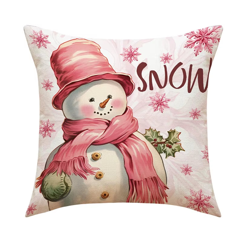 Linen Christmas Pillow Cover - Festive Snowman & Elk Design for 2024 Holiday Home Decor - Perfect Sofa & Car Cushion Cover (45x45cm)