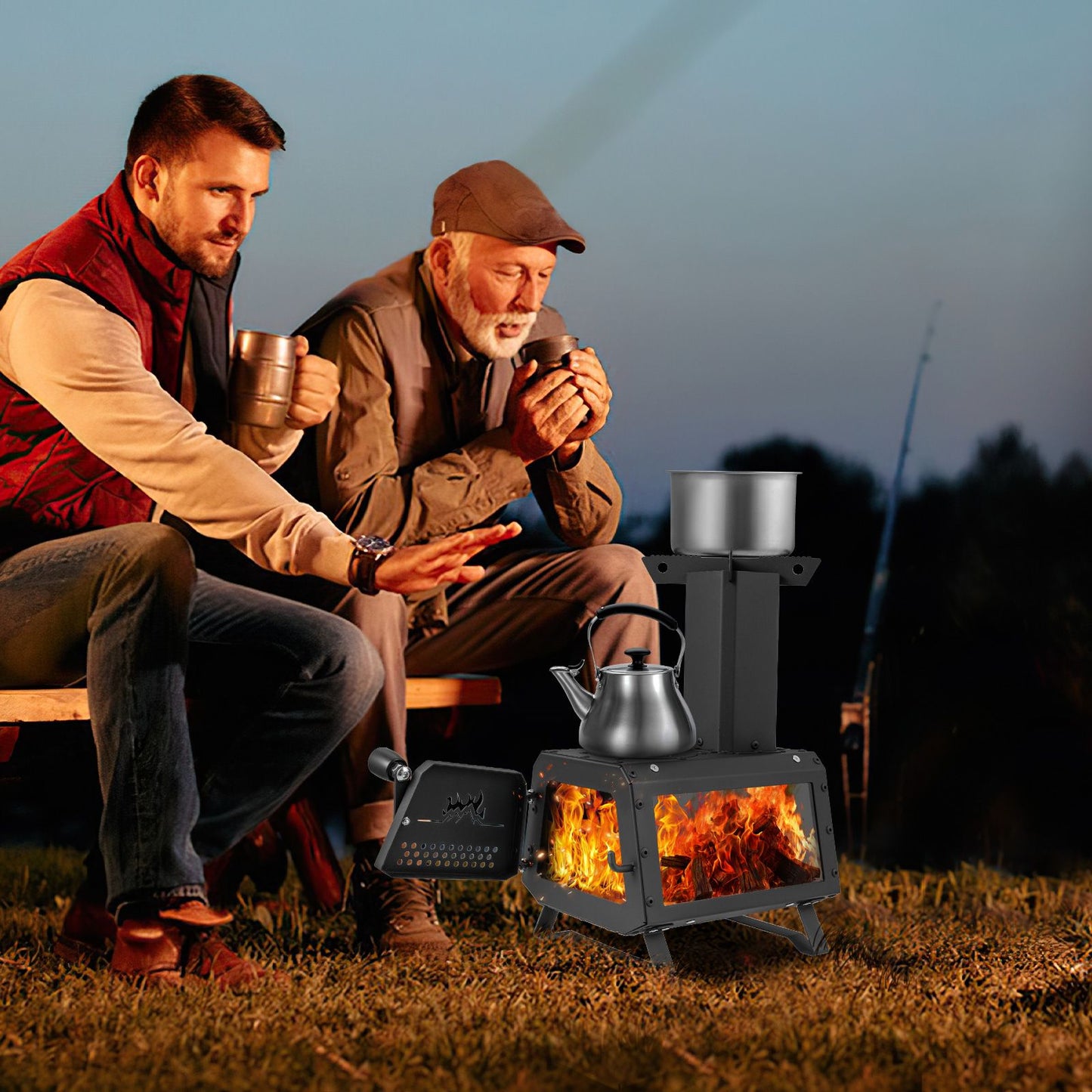 Portable Wood Burning Stove Featuring Dual Cooking Positions