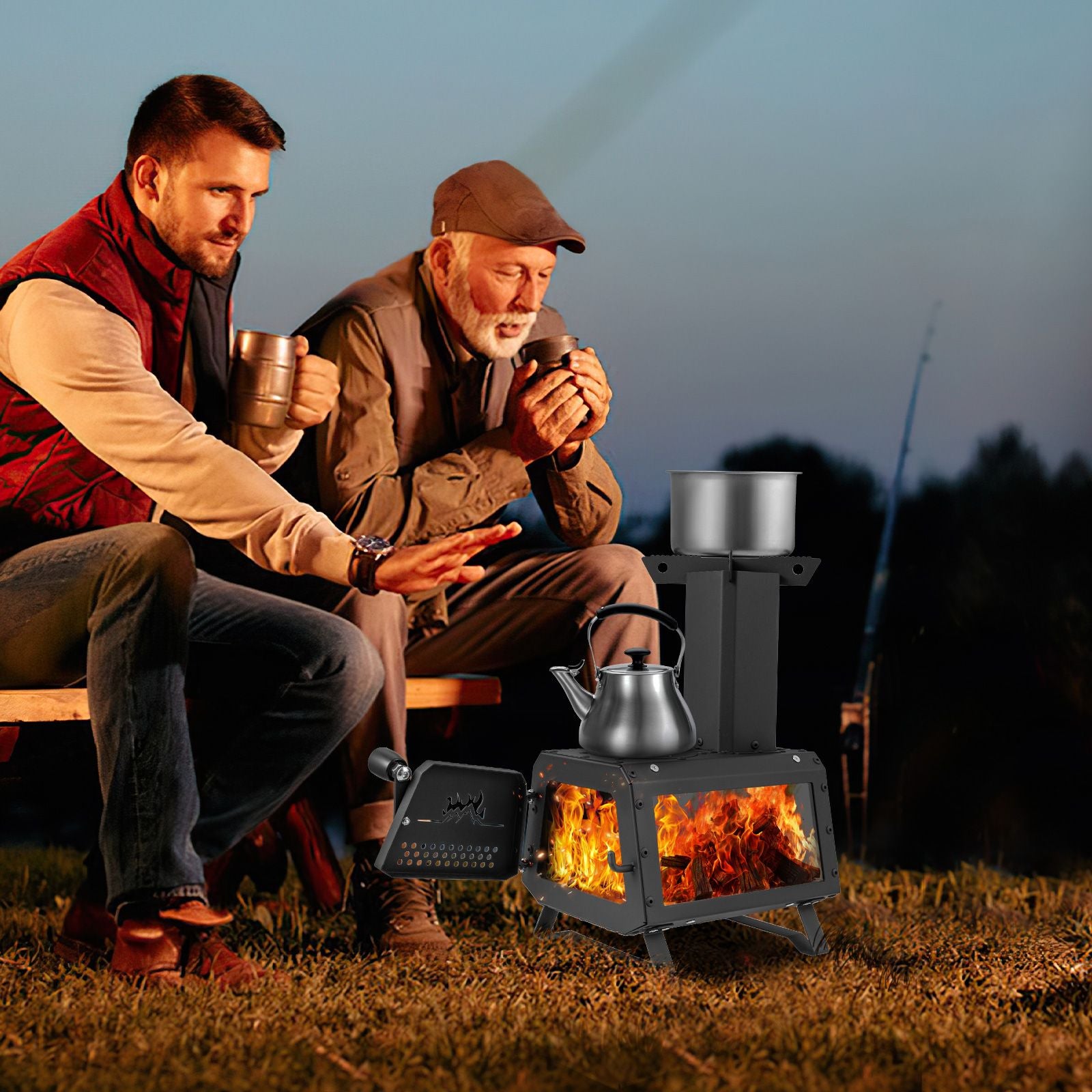 Portable Wood Burning Stove Featuring Dual Cooking Positions