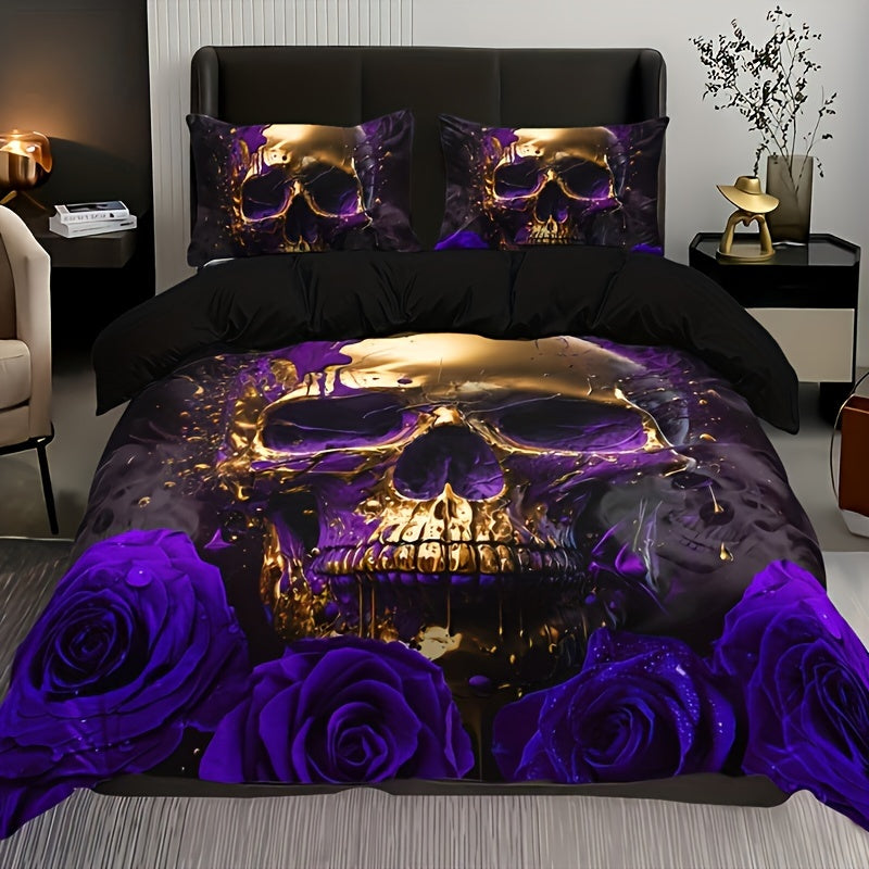 3pcs Soft Purple Rose Skull Pattern Breathable Duvet Cover Set for Bedroom, Guest Room, and Dorm Decor - Includes 1 Duvet Cover and 2 Pillowcases (Core Not Included) For Halloween