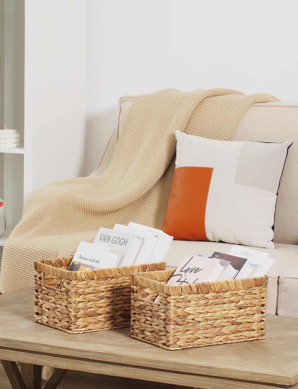 Stylish Wicker Storage Baskets - 2-Pack Large Rectangular Baskets with Handles for Pantry and Bathroom Organization, Natural Water Hyacinth