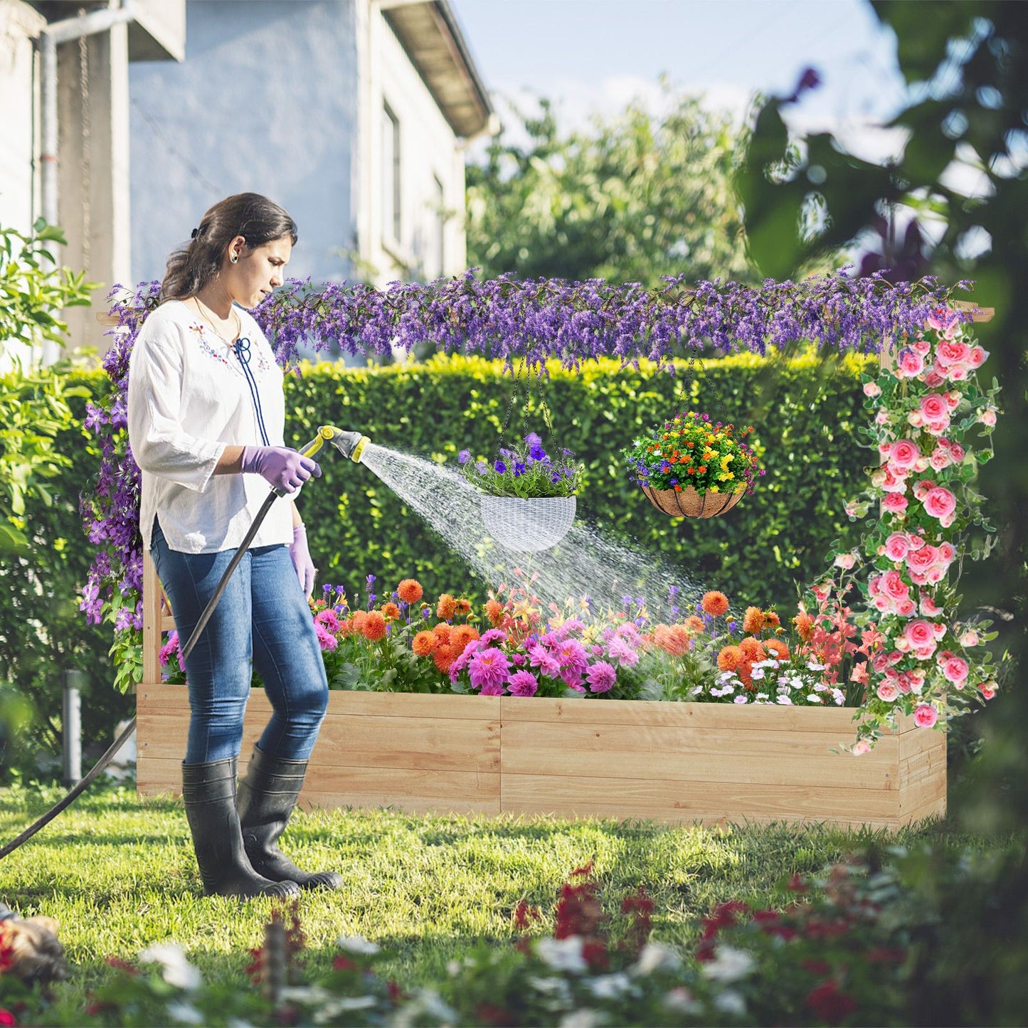 Elevated Garden Bed with Dual Trellis System and Canopy Roof