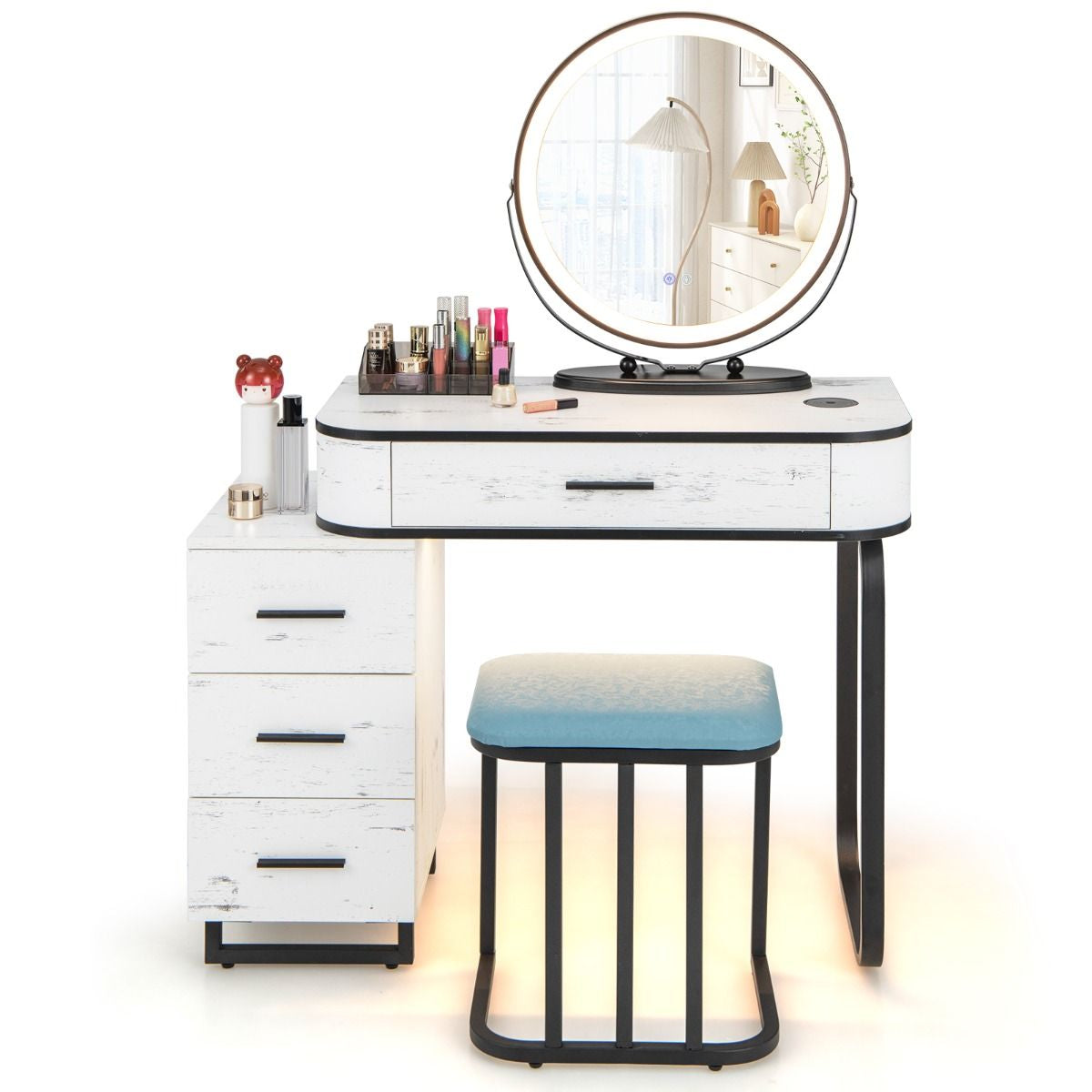 Vanity Table and Stool Set with Adjustable 3-Color Touch Screen Lighted Swivel Mirror