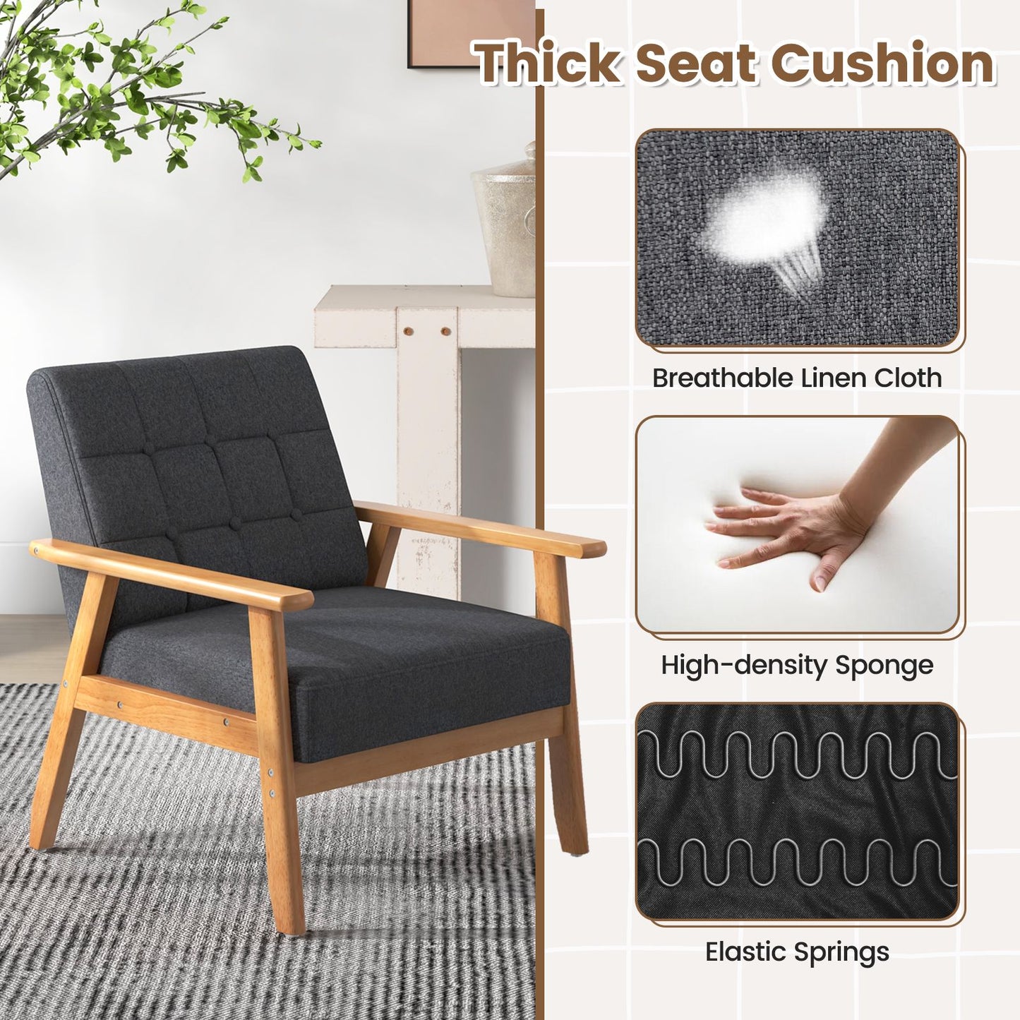 Mid-Century Modern Accent Chair with Breathable Linen Cloth
