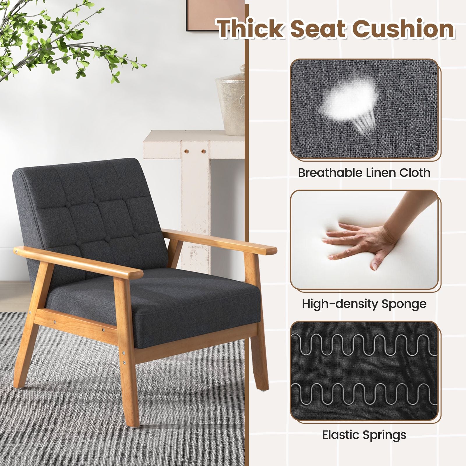 Mid-Century Modern Accent Chair with Breathable Linen Cloth
