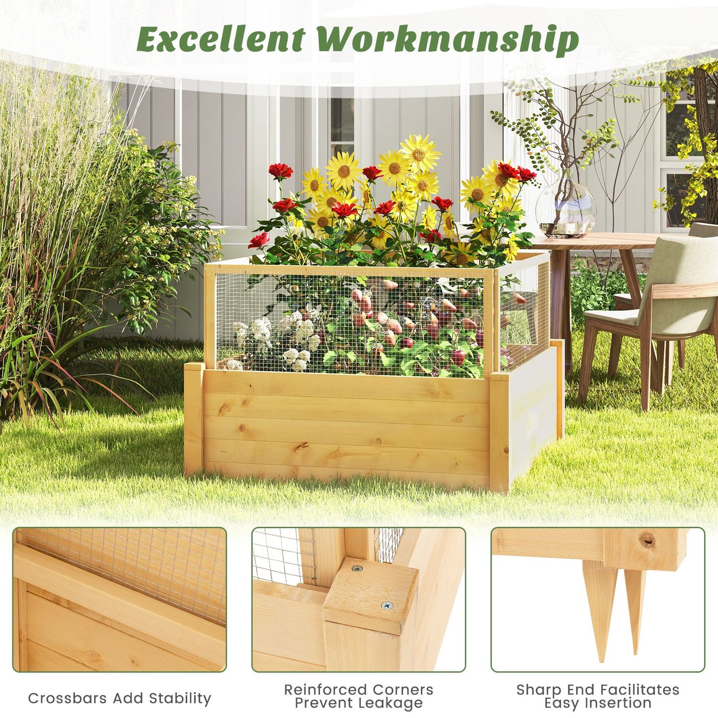Elevated Garden Bed with Animal Protection Fence and Planting Grid