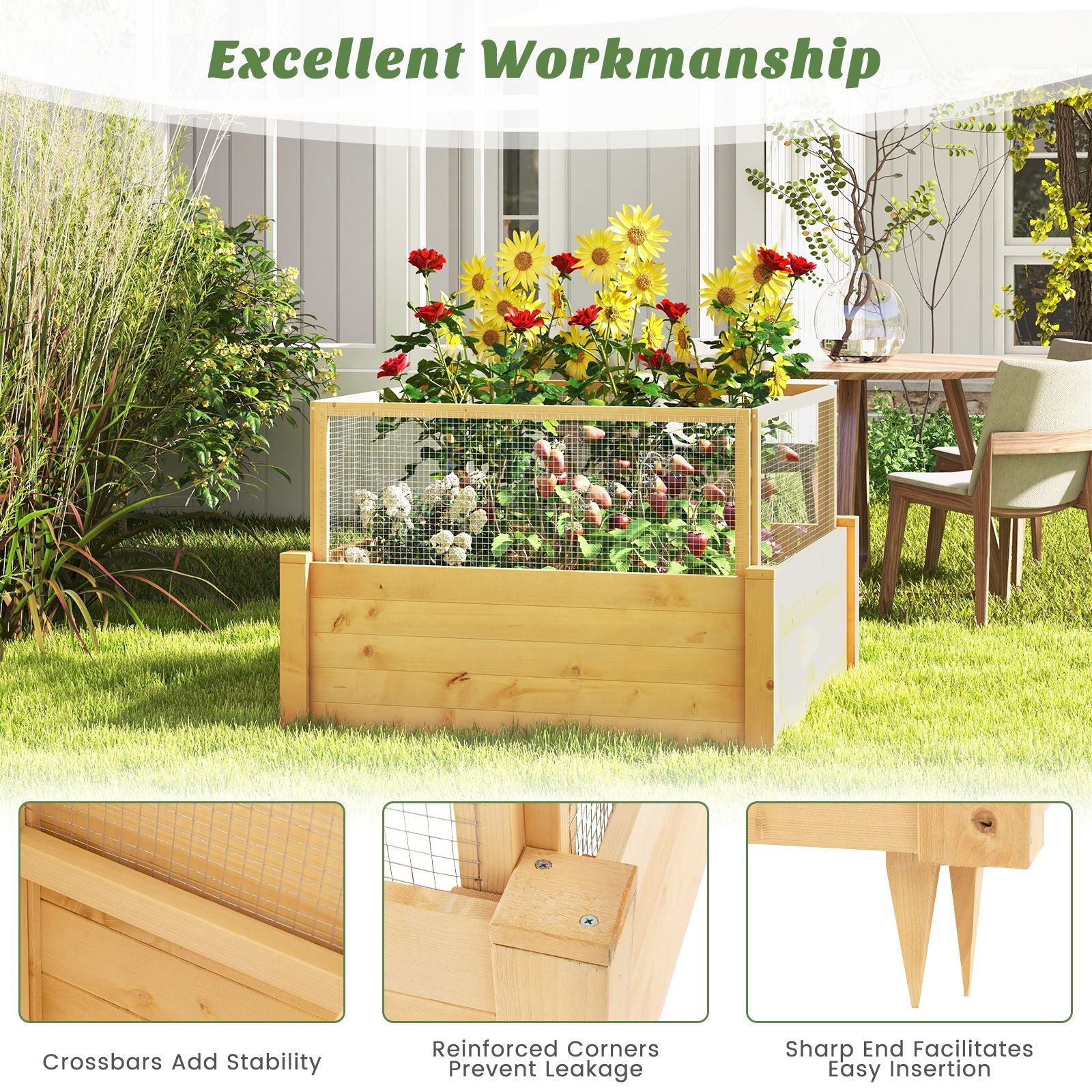 Elevated Garden Bed with Animal Protection Fence and Planting Grid