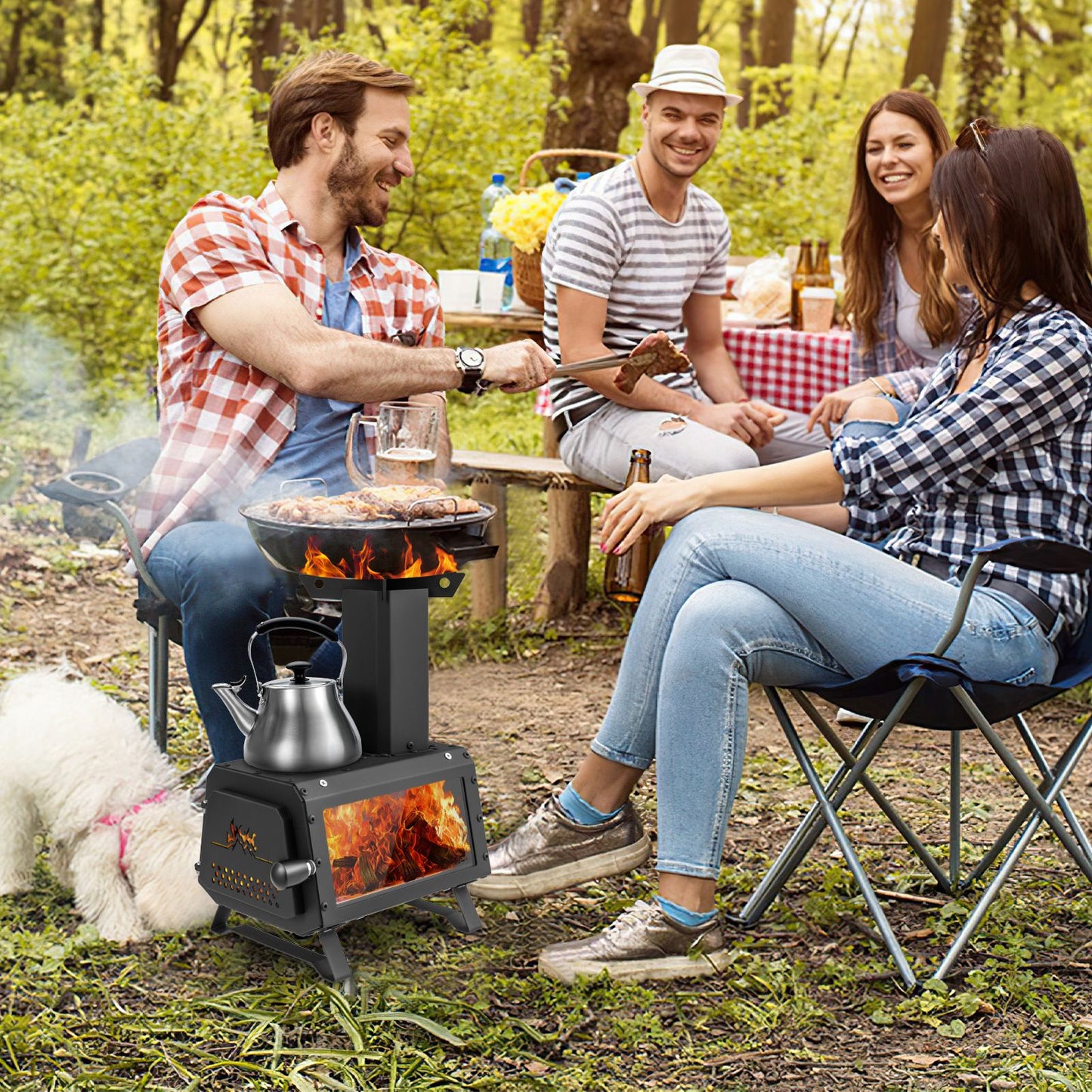 Portable Wood Burning Stove Featuring Dual Cooking Positions