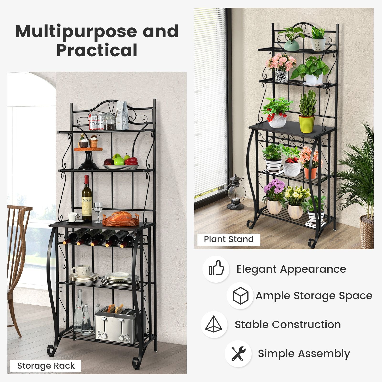 5-Tier Freestanding Baker's Rack with Integrated Wine Rack and Adjustable Feet