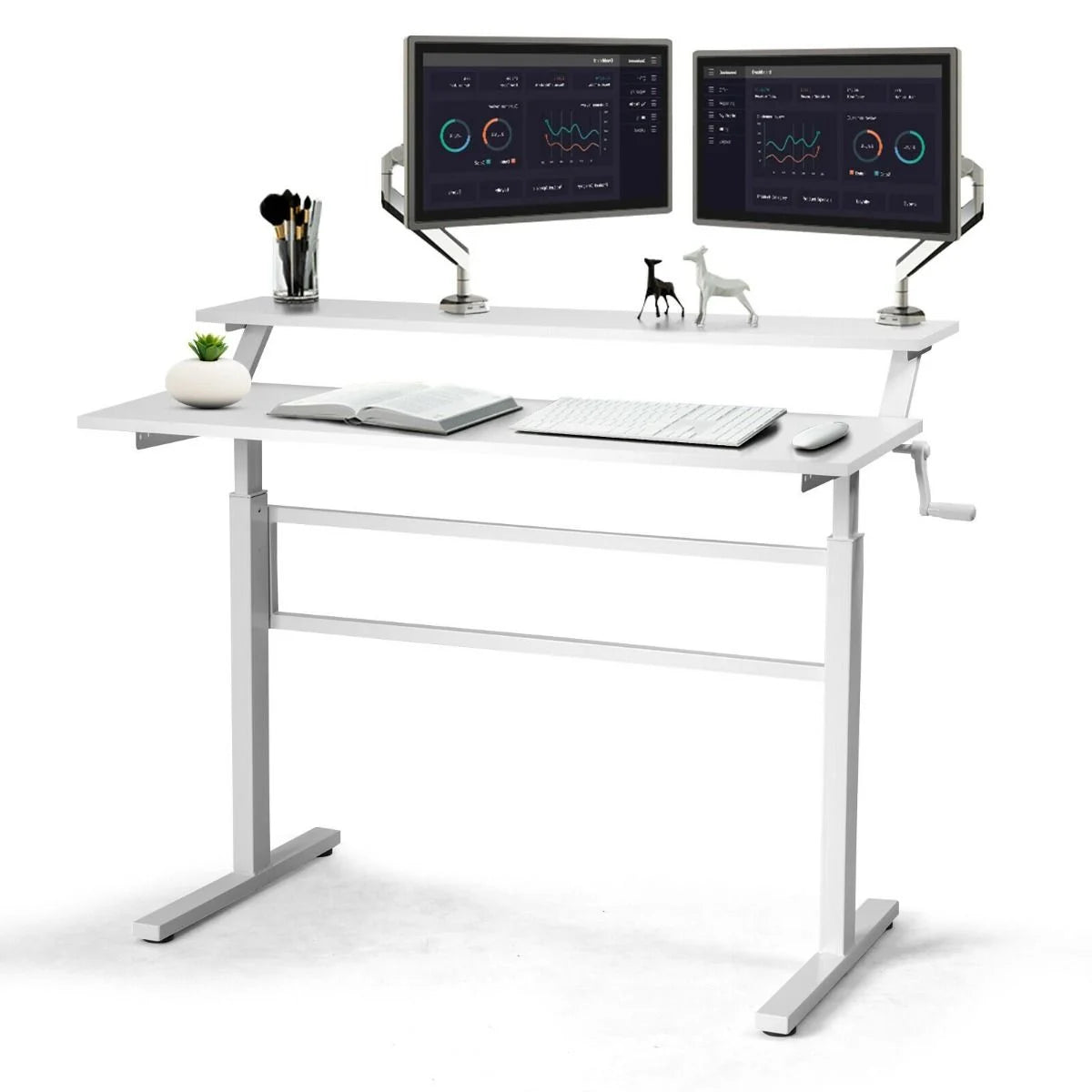 2-Tier Standing Desk with Adjustable Height and Crank Handle