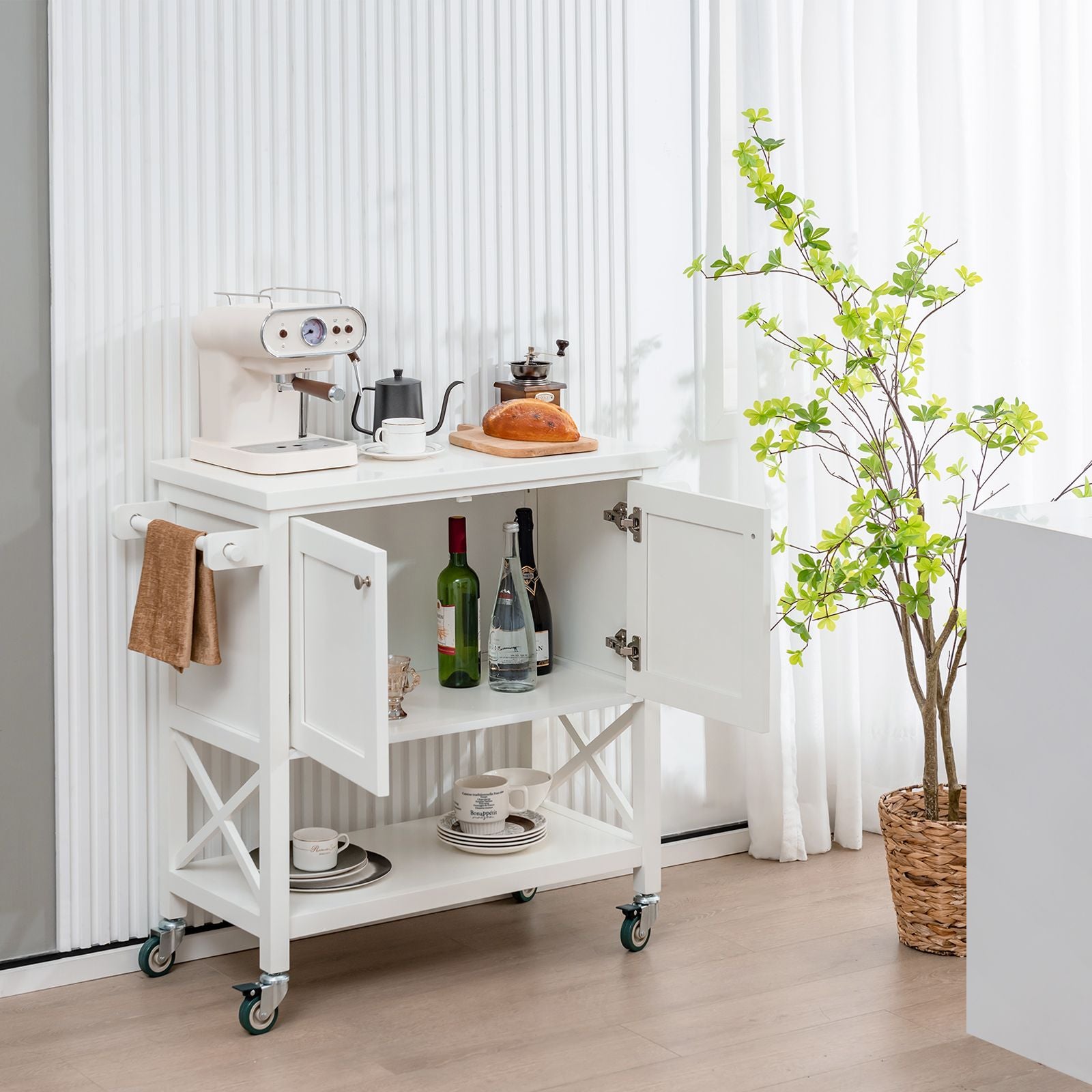 Kitchen Cart with Storage Cabinet, Towel Rack, and Spice Rack