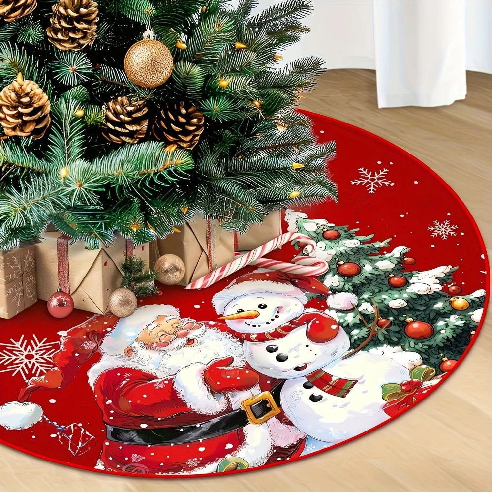 Red Christmas Theme Christmas Tree Skirt - Snowflake Santa Print