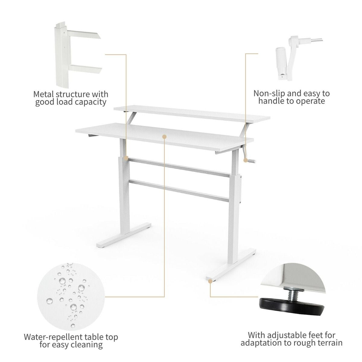2-Tier Standing Desk with Adjustable Height and Crank Handle