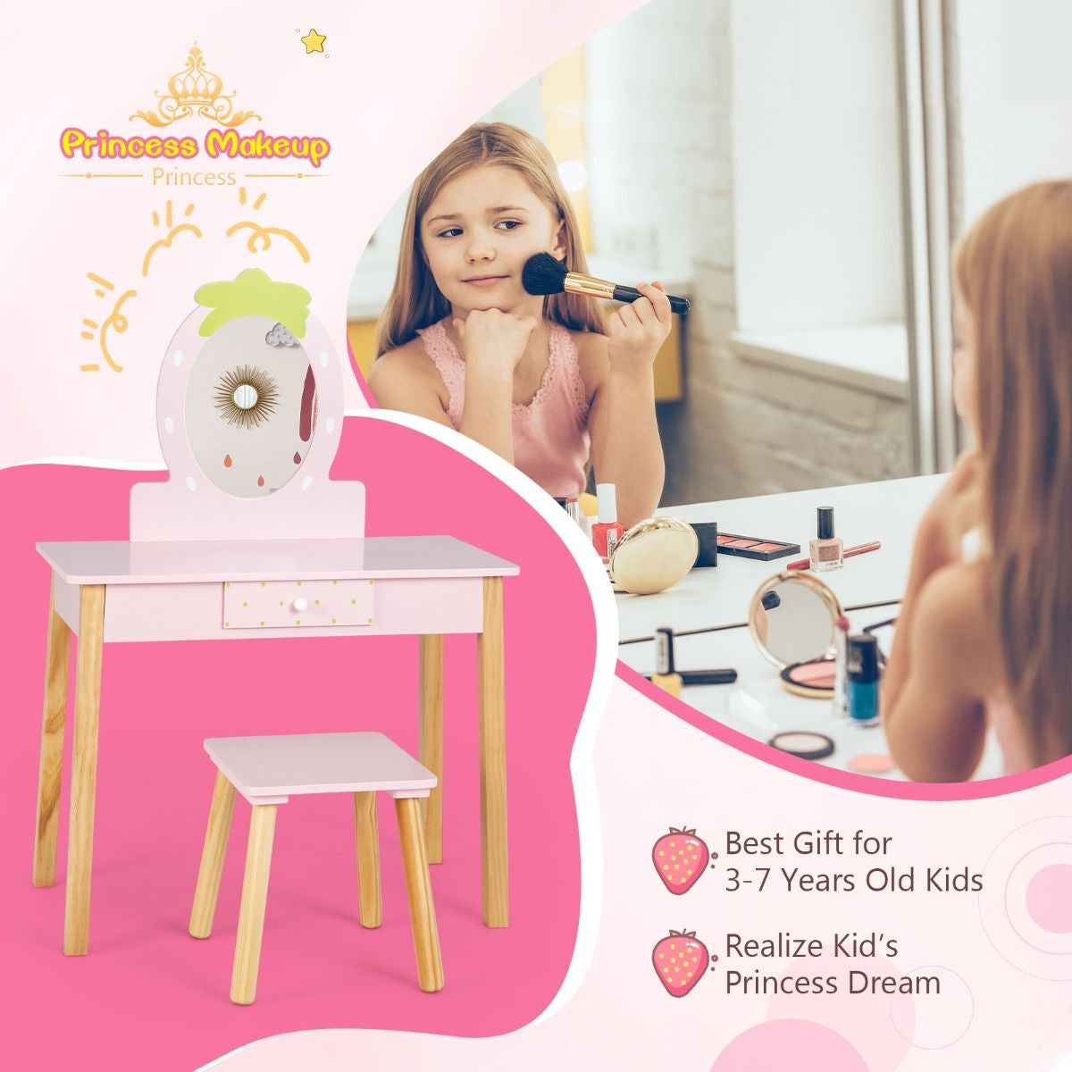 Enchanting Toddler Girls' Dressing Table with Mirror & Stylish Storage Drawer