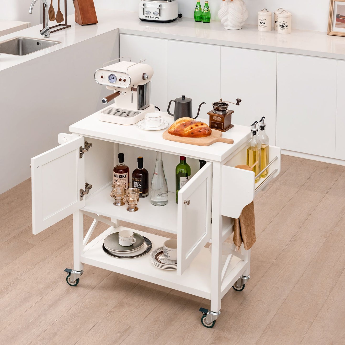 Kitchen Cart with Storage Cabinet, Towel Rack, and Spice Rack