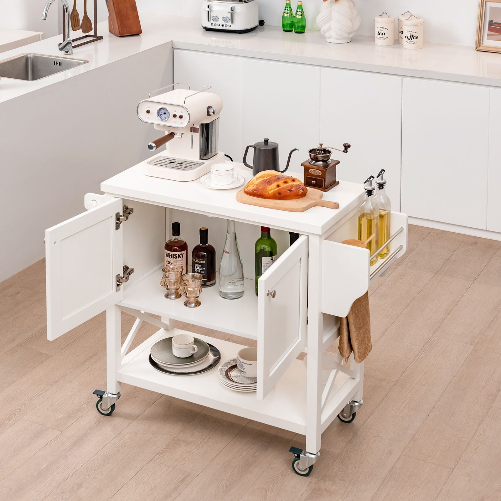 Kitchen Cart with Storage Cabinet, Towel Rack, and Spice Rack
