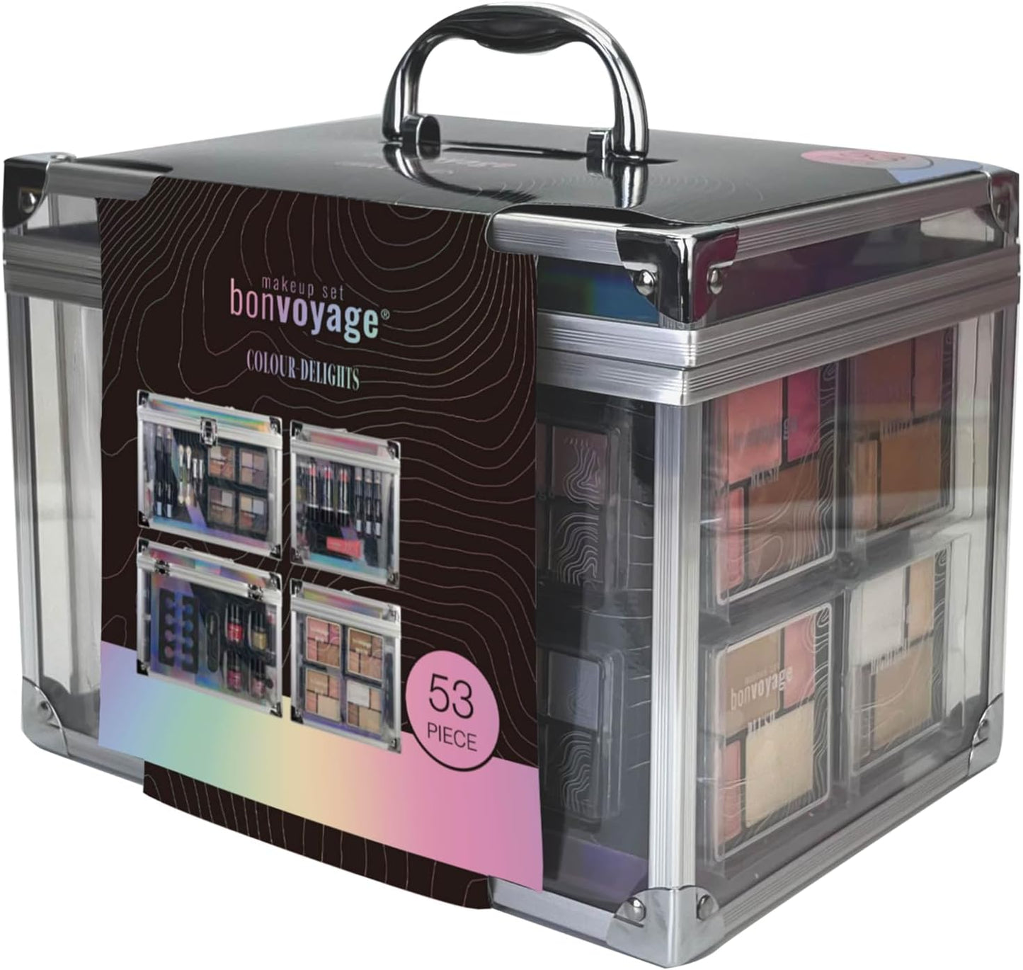 Professional Makeup Kit: Lipstick, Eyeshadows, Blush, Manicure and Pedicure Set in a Portable Transparent Case - Colour Delights